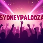 Cartel digital del evento Sydneypalooza con tipografía grande, escenario y confetti dorado