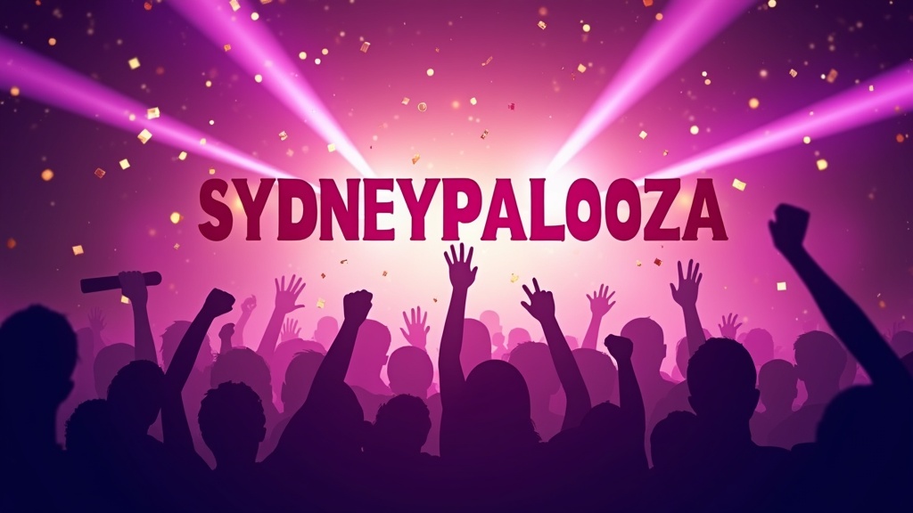 Cartel digital del evento Sydneypalooza con tipografía grande, escenario y confetti dorado